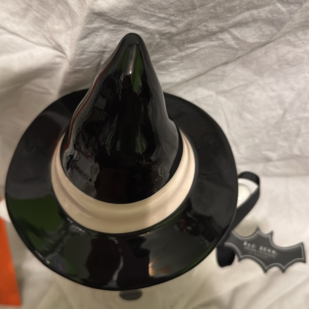 Rae Dunn White Ghost with Black Witch Hat Jar - Picture 3 of 5